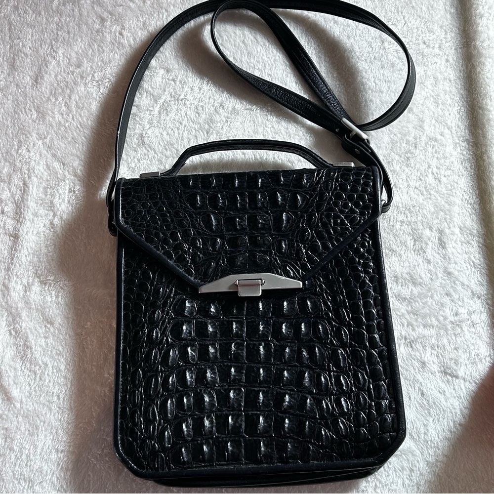 Black Leather Faux Crocodile-Pattern Crossbody Bag
